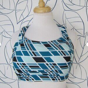 Brooks Juno Sports Bra Blue Teal Geo Print Racerback Adjustable Straps Size 34DD